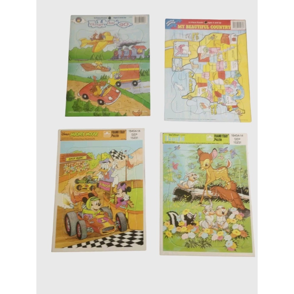 Lot of 4 Golden Frame Tray Puzzles Disney 12 Bambi, Mickey Mouse, States CLEAN